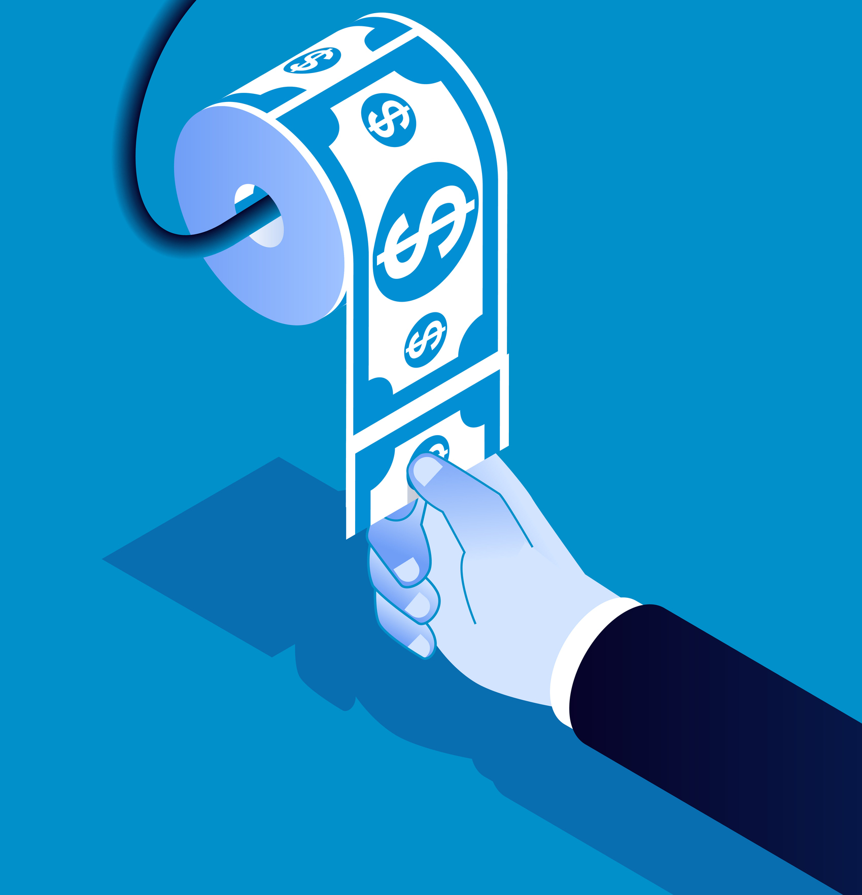 Hand torn a roll of dollar toilet paper, garbage wastes financial resources, loss or waste of money, overspending, bankruptcy or crisis