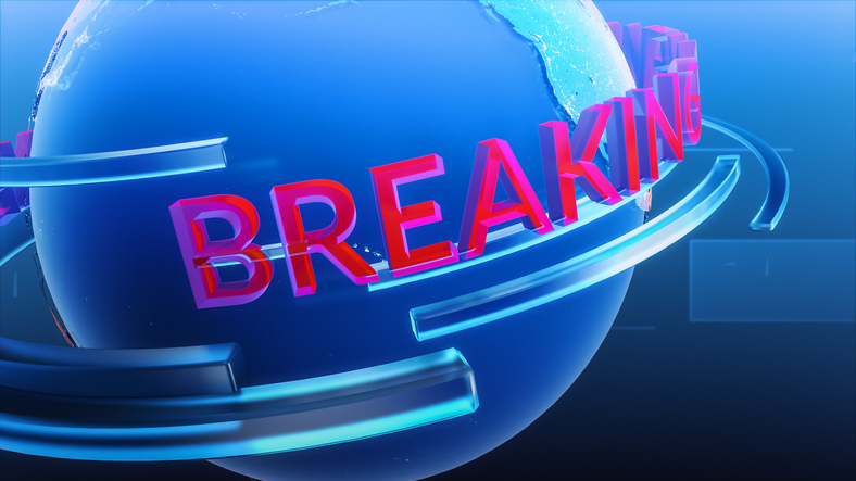 Breaking News Local Television Channel Intro Done with Conceptual 3D Logo Spinning Around Planet. TV News Station Broadcasting Intro of Evening Program. Beginning of the Show Concept.