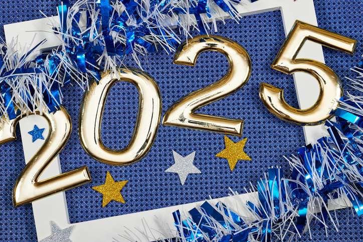 golden numbers 2025 two thousand twenty five new year with blue, white tinsels and stars and white frame on glitters blue background